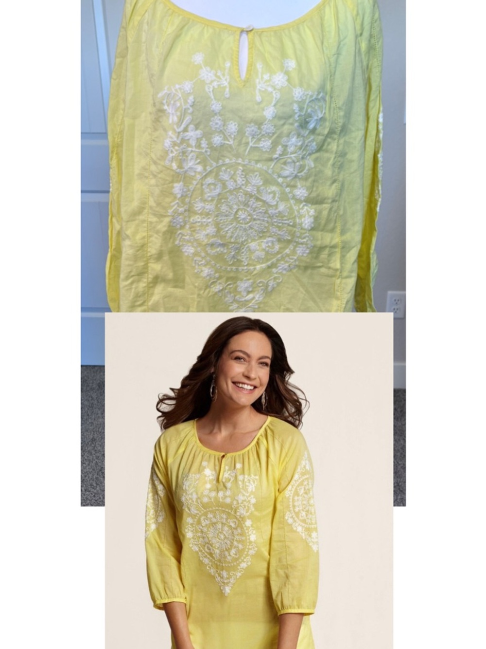 Chico's Yellow Embroidered Cotton Peasant Tunic Sz Large